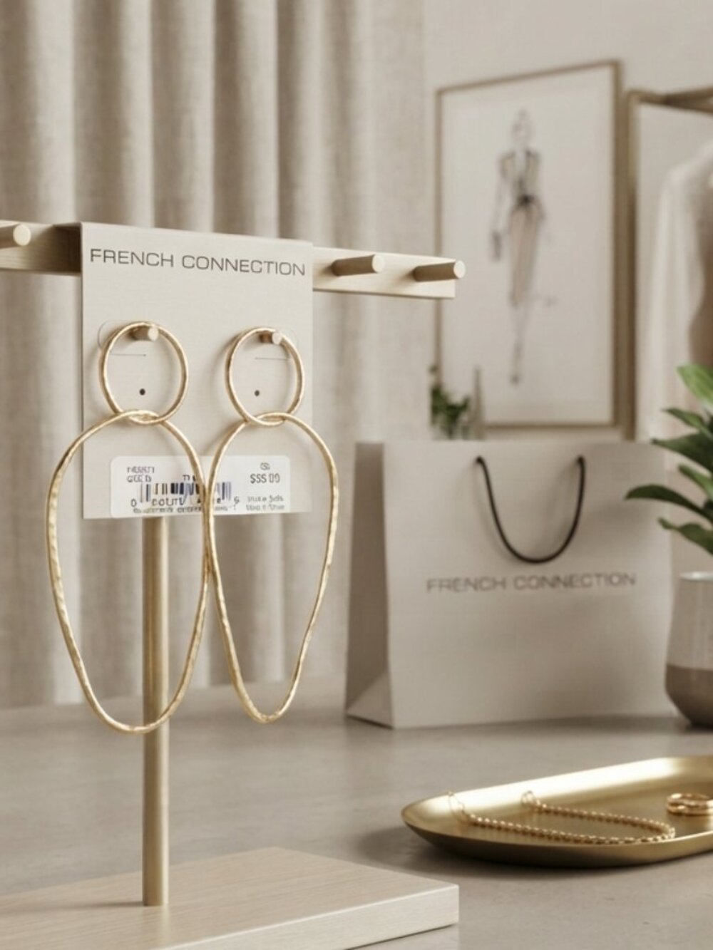 French Connection Gold Tone Double Circle Abstract Dangle Statement Earrings
